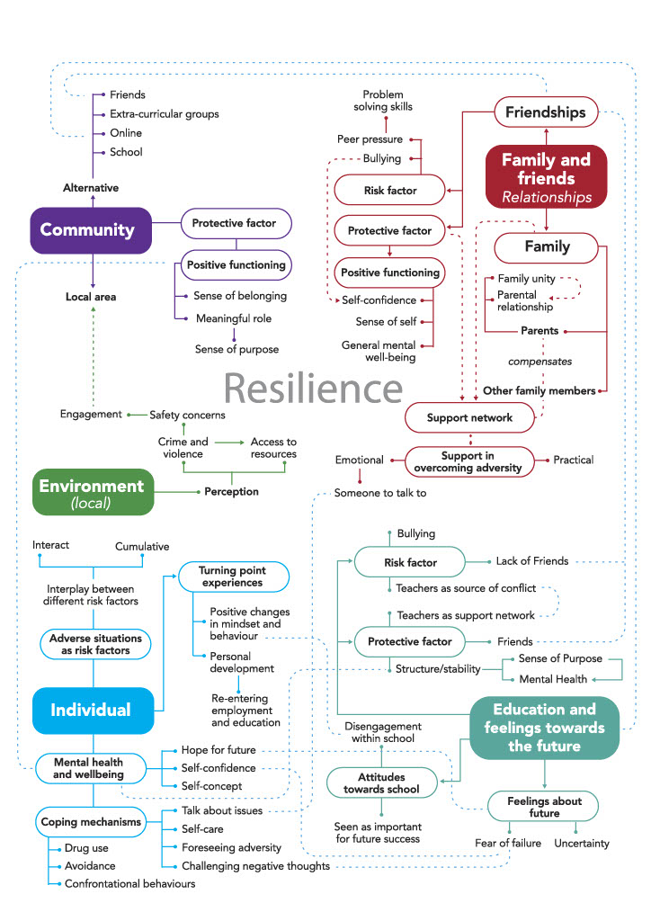The concept map shows components & subcomponents of youth resilience to show the complexity of the social concept. Some components and subcomponents are linked by dotted lines. E.g. how a young person's family (component) may act as a support network (subcomponent), which can be deemed a protective factor. These connections are not exhaustive and the diagram is not 'complete' as such.